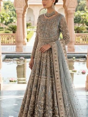 Pakistani Embroidered Powder Blue Maxi Dress with Sheer Dupatta